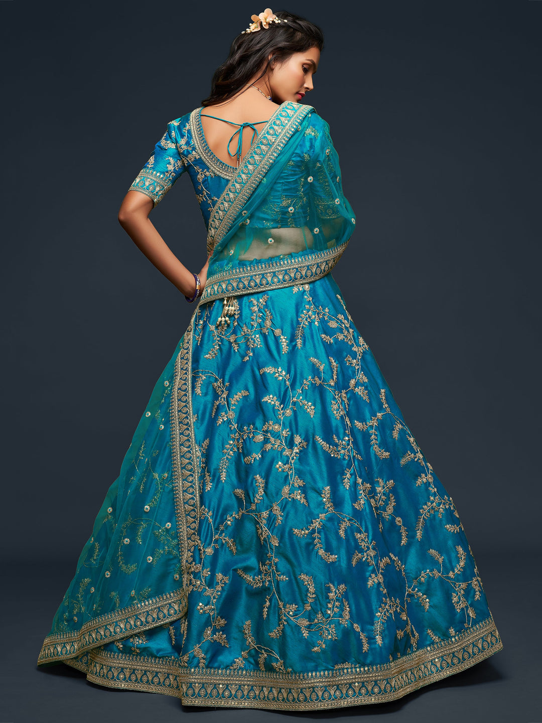Pleasant Teal Blue Thread Embroidery Art Silk Wedding Lehenga Choli