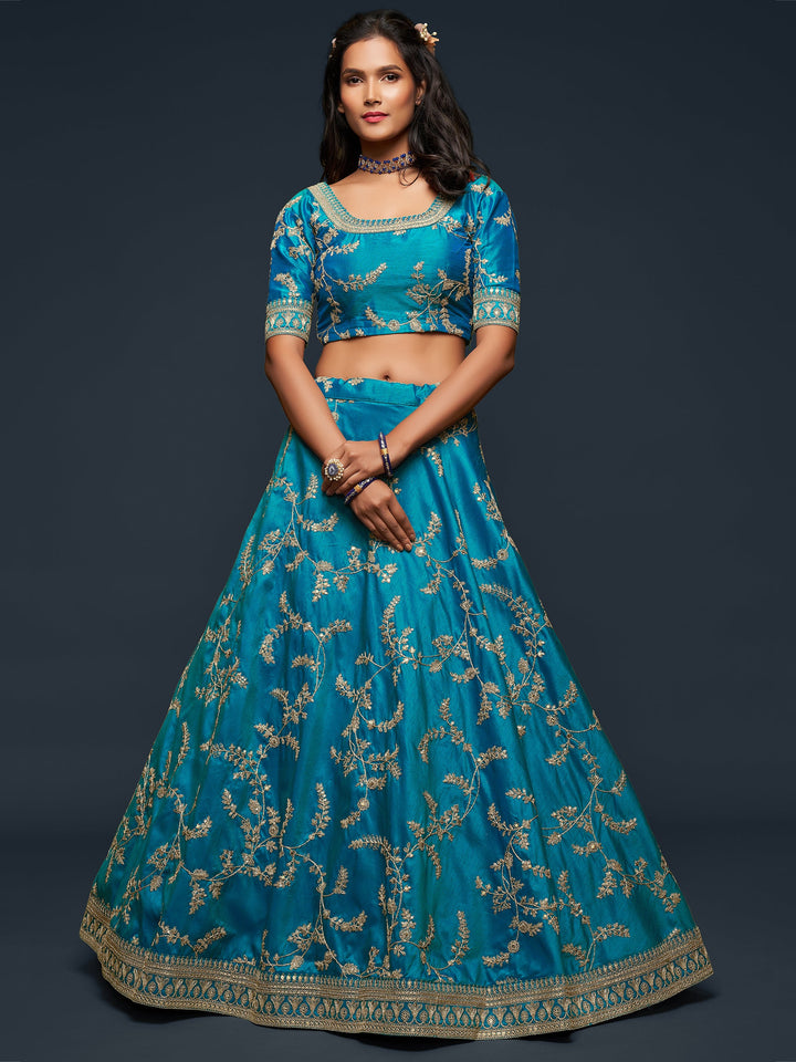 Pleasant Teal Blue Thread Embroidery Art Silk Wedding Lehenga Choli