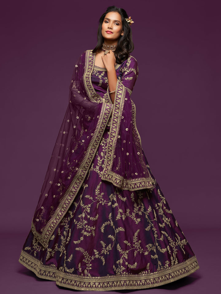 Pleasing Purple Thread Embroidery Art Silk Wedding Lehenga Choli