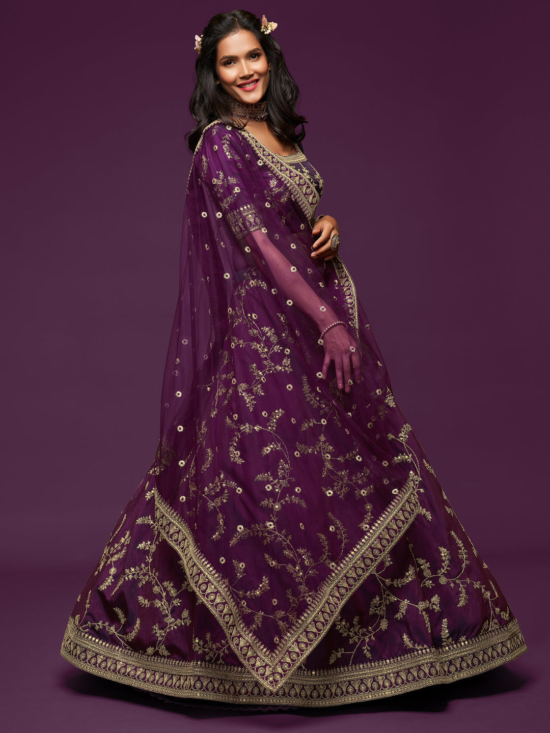Pleasing Purple Thread Embroidery Art Silk Wedding Lehenga Choli