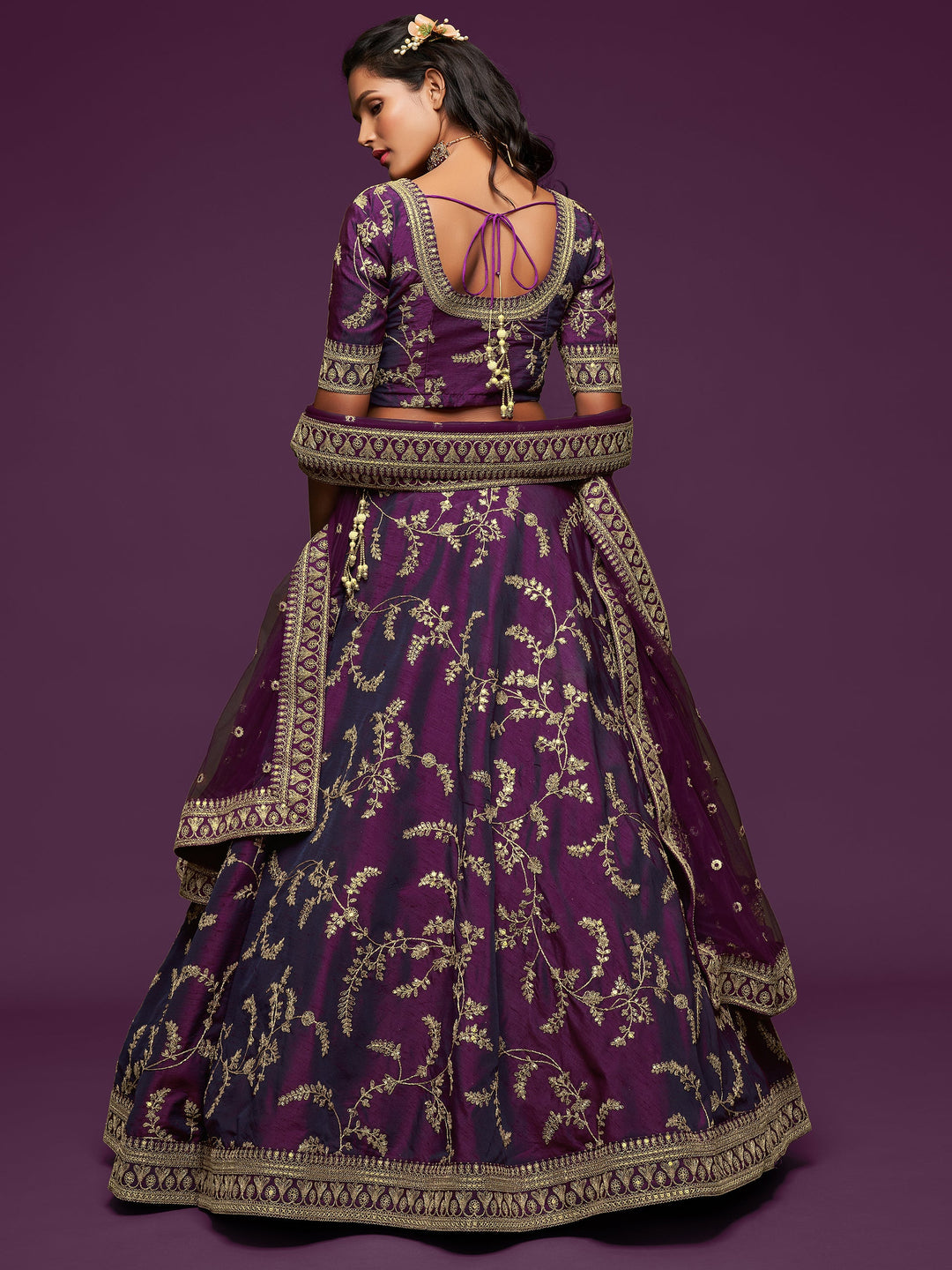 Pleasing Purple Thread Embroidery Art Silk Wedding Lehenga Choli