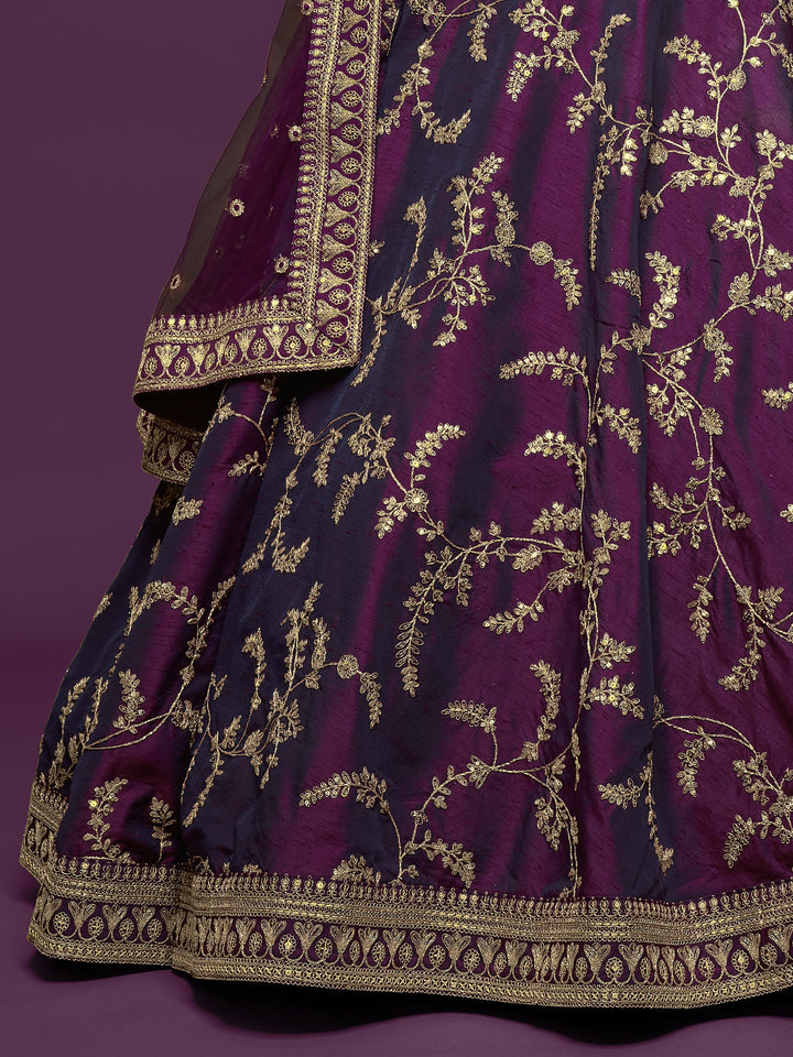 Pleasing Purple Thread Embroidery Art Silk Wedding Lehenga Choli