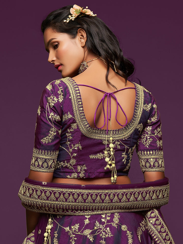 Pleasing Purple Thread Embroidery Art Silk Wedding Lehenga Choli