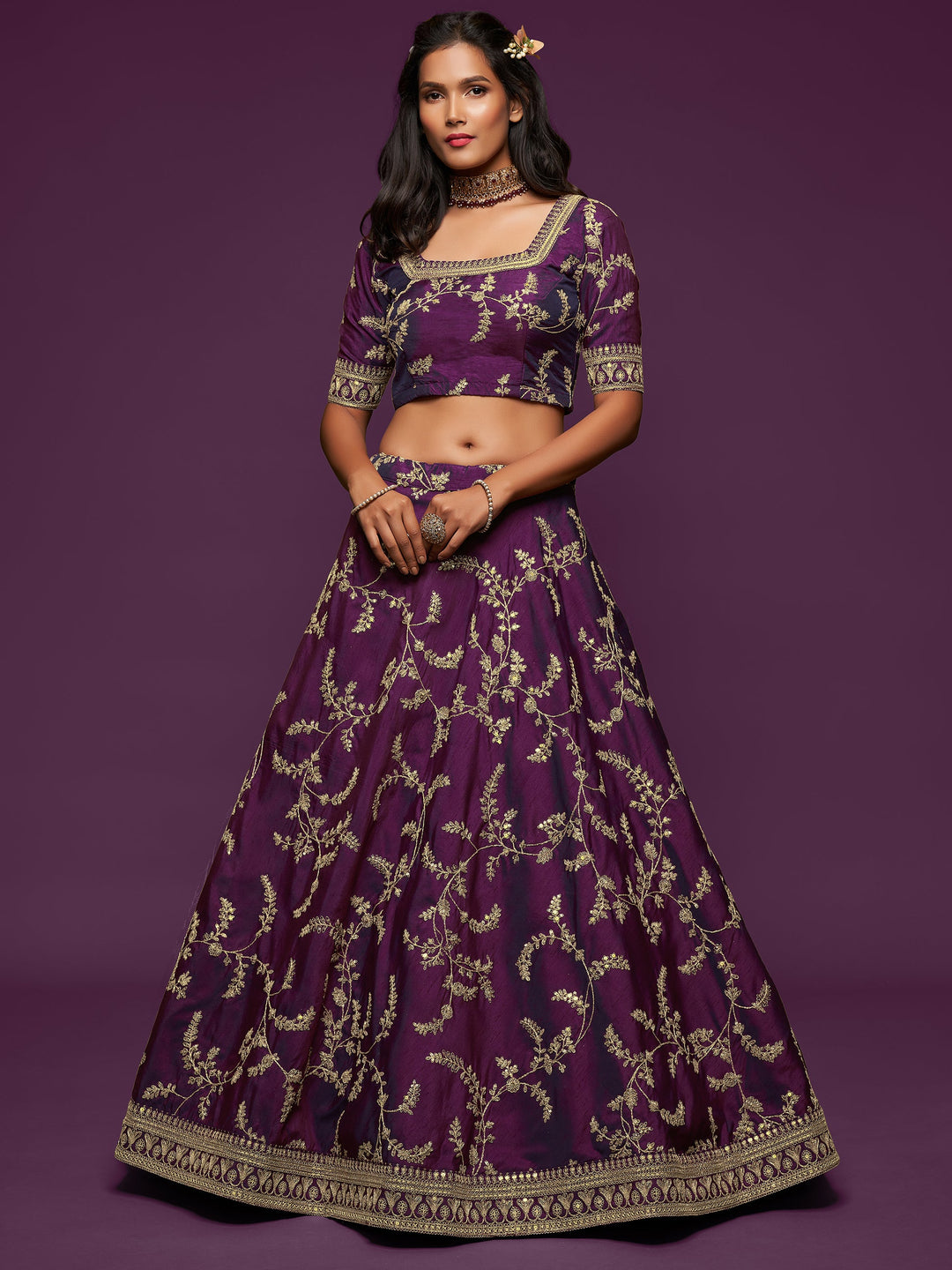 Pleasing Purple Thread Embroidery Art Silk Wedding Lehenga Choli