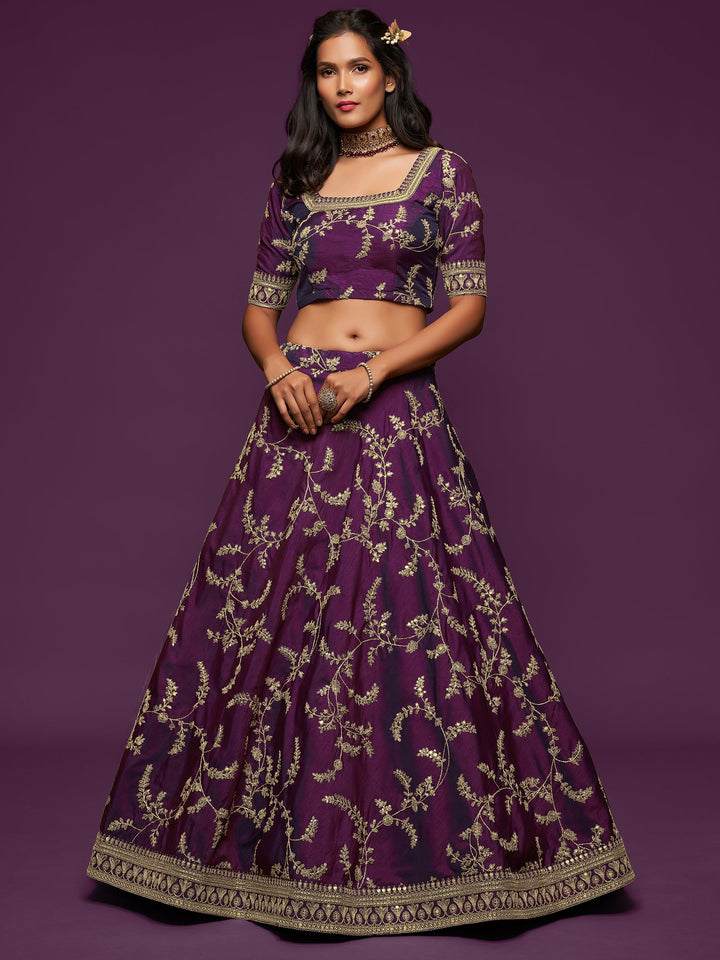 Pleasing Purple Thread Embroidery Art Silk Wedding Lehenga Choli