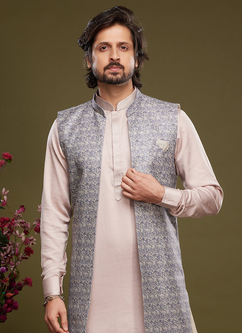 Purple Art Banarasi Silk Festival Wear Digital Printed Kurta Pajama With Jacket