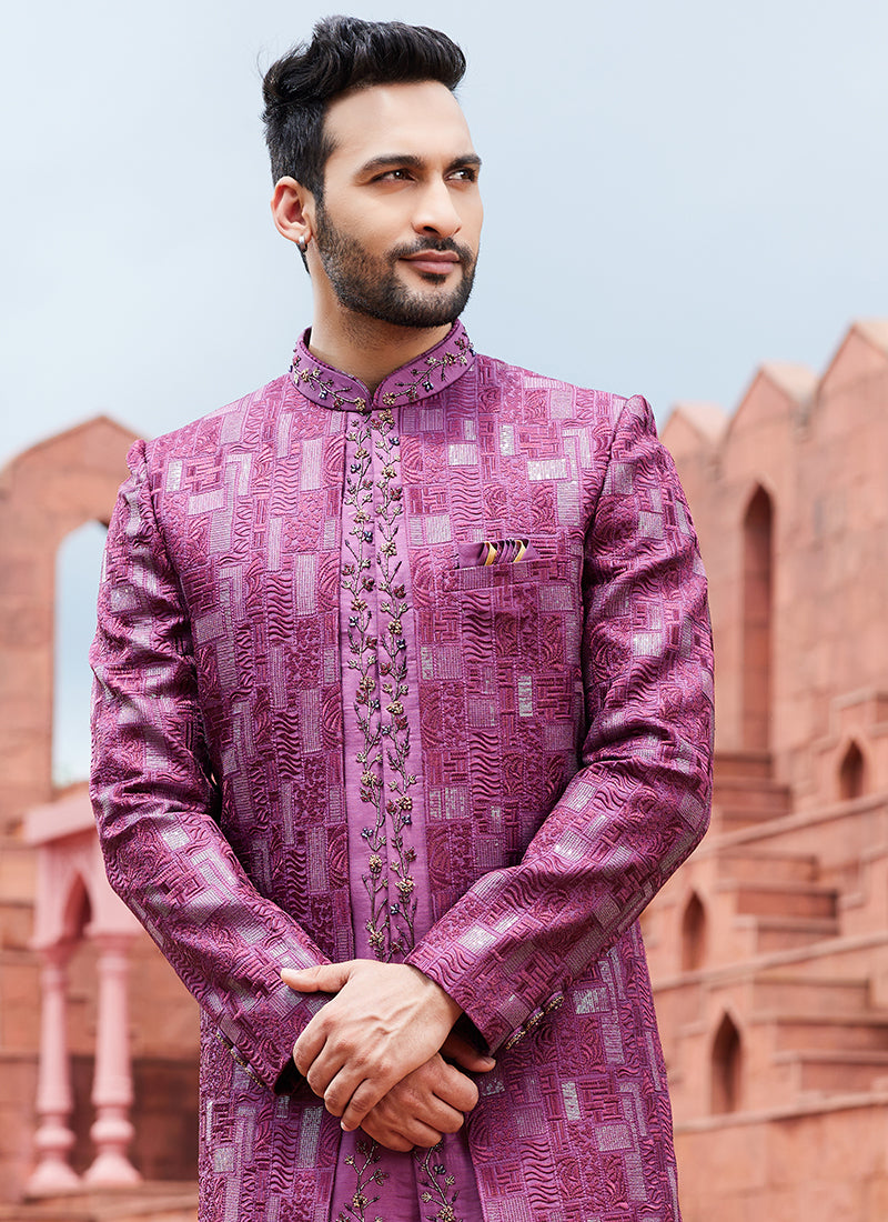 Purple Art Silk Wedding Wear Embroidery Work 2 Pcs Jacket Set