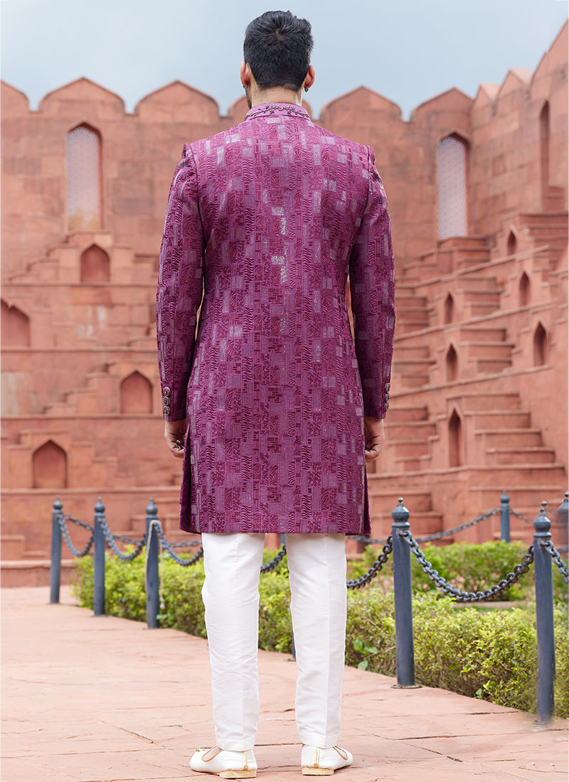 Purple Art Silk Wedding Wear Embroidery Work 2 Pcs Jacket Set