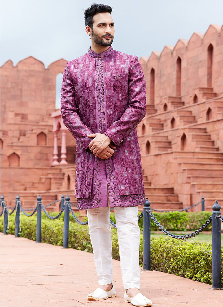 Purple Art Silk Wedding Wear Embroidery Work 2 Pcs Jacket Set