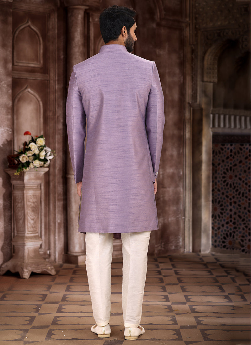 Purple Art Silk Wedding Wear Embroidery Work Sherwani