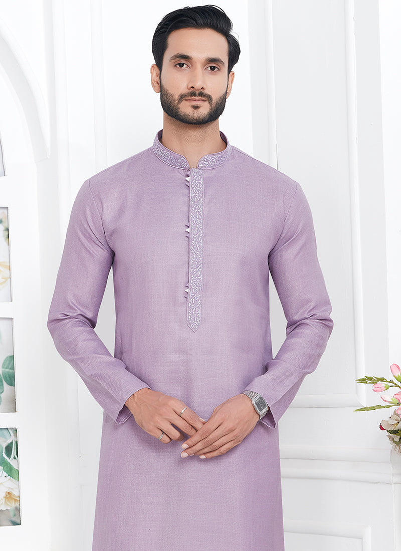 Linen Cotton Purple Traditional Wear Thread Work Kurta Pajama