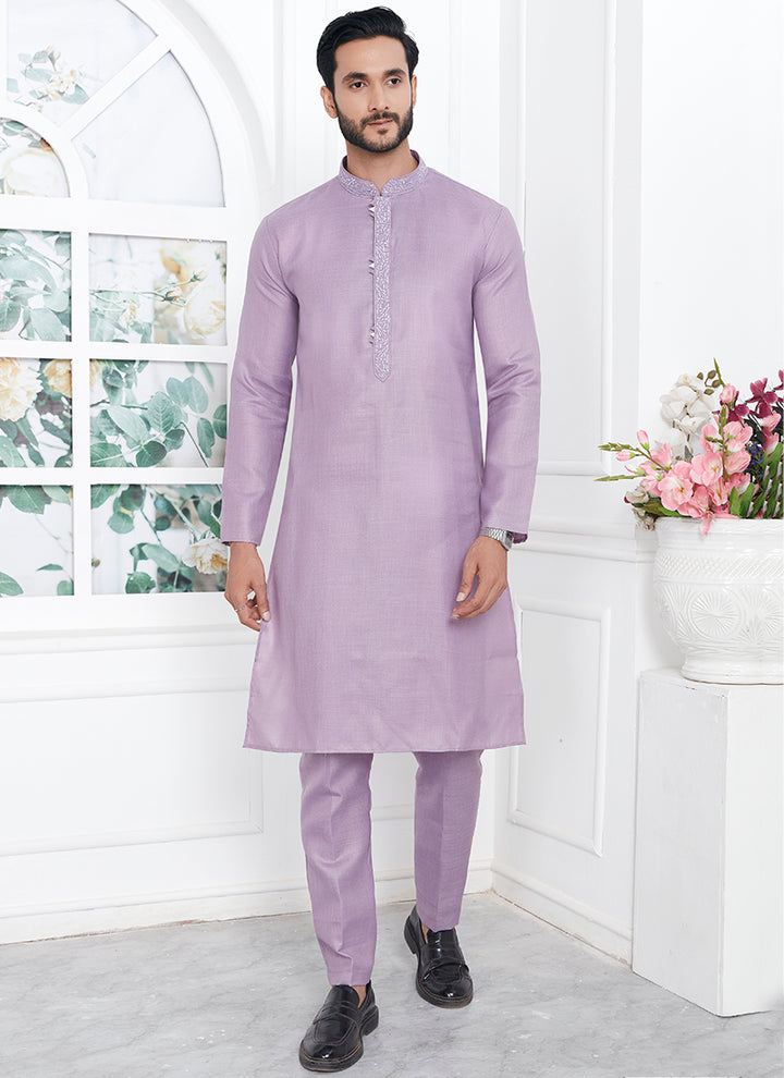 Linen Cotton Purple Traditional Wear Thread Work Kurta Pajama