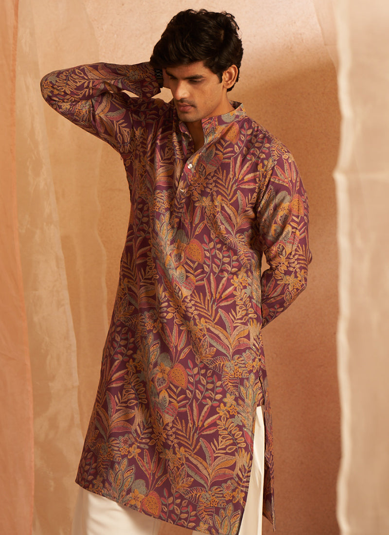 Modal Silk Purple Eid Wear Designer Printed Readymade Kurta Pajama
