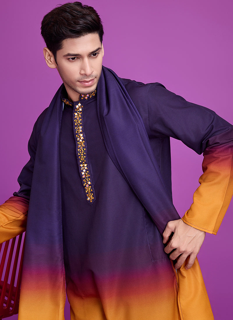 Rayon Purple Festival Wear Hand Mirror Work Readymde Kurta With Dupatta