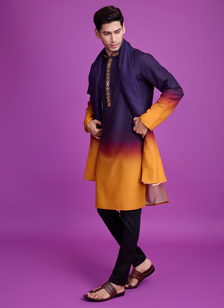 Rayon Purple Festival Wear Hand Mirror Work Readymde Kurta With Dupatta
