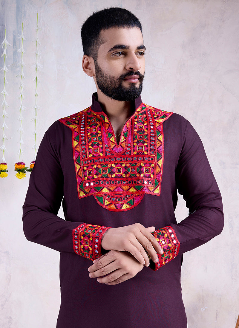 Rayon Purple Navratri Wear Embroidery Work Readymade Kurta