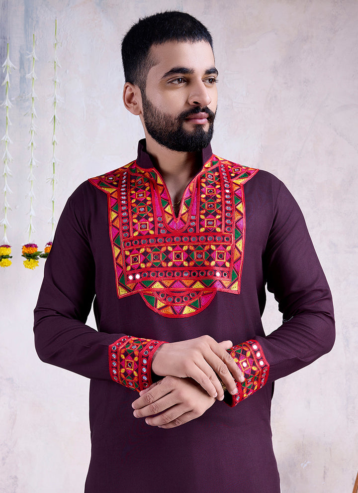 Rayon Purple Navratri Wear Embroidery Work Readymade Kurta