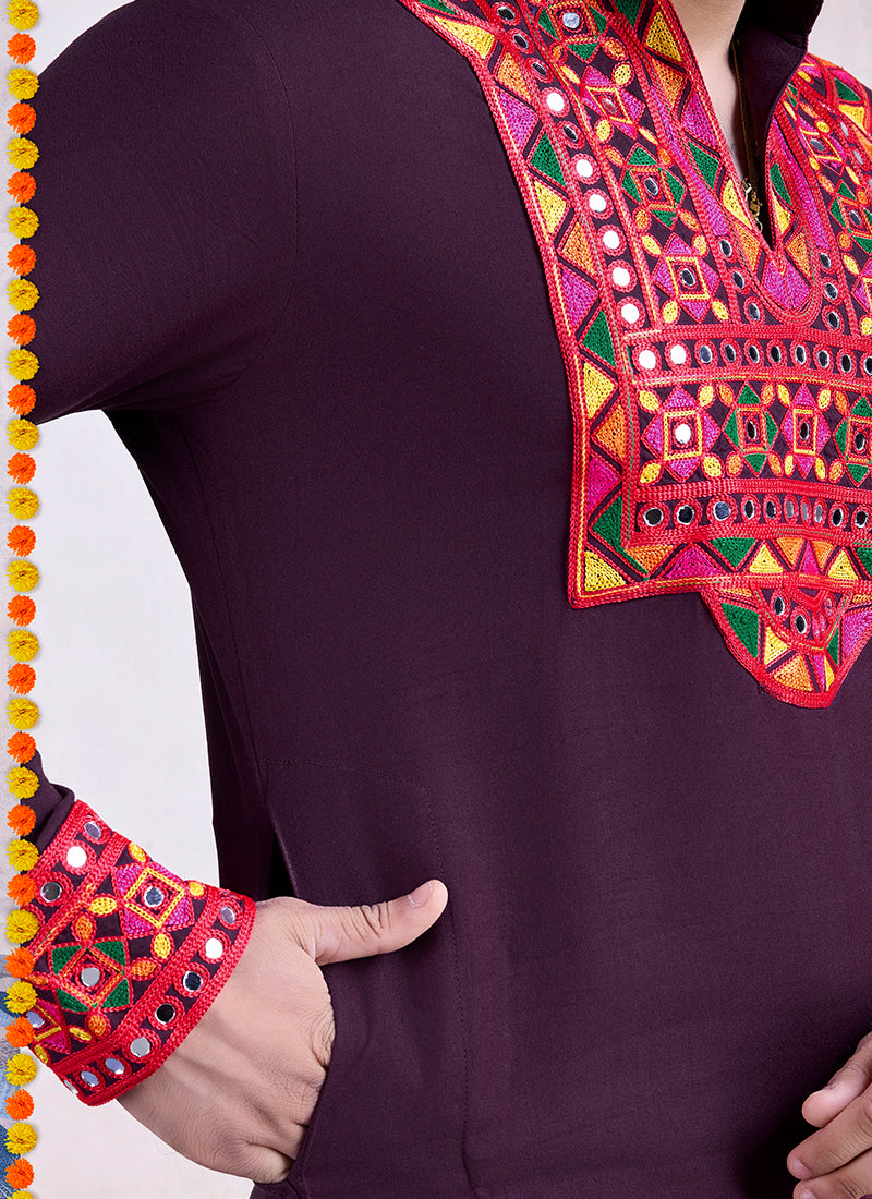 Rayon Purple Navratri Wear Embroidery Work Readymade Kurta