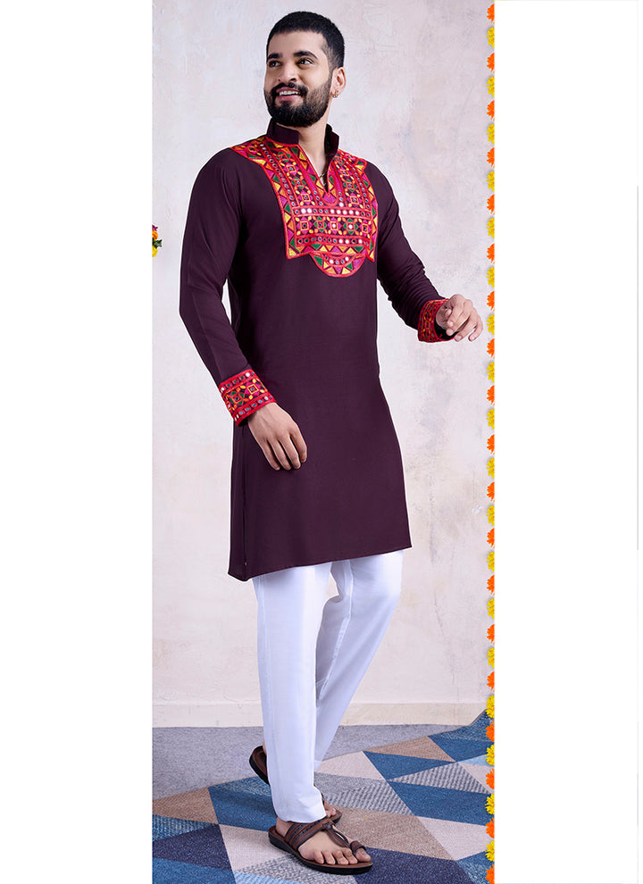 Rayon Purple Navratri Wear Embroidery Work Readymade Kurta