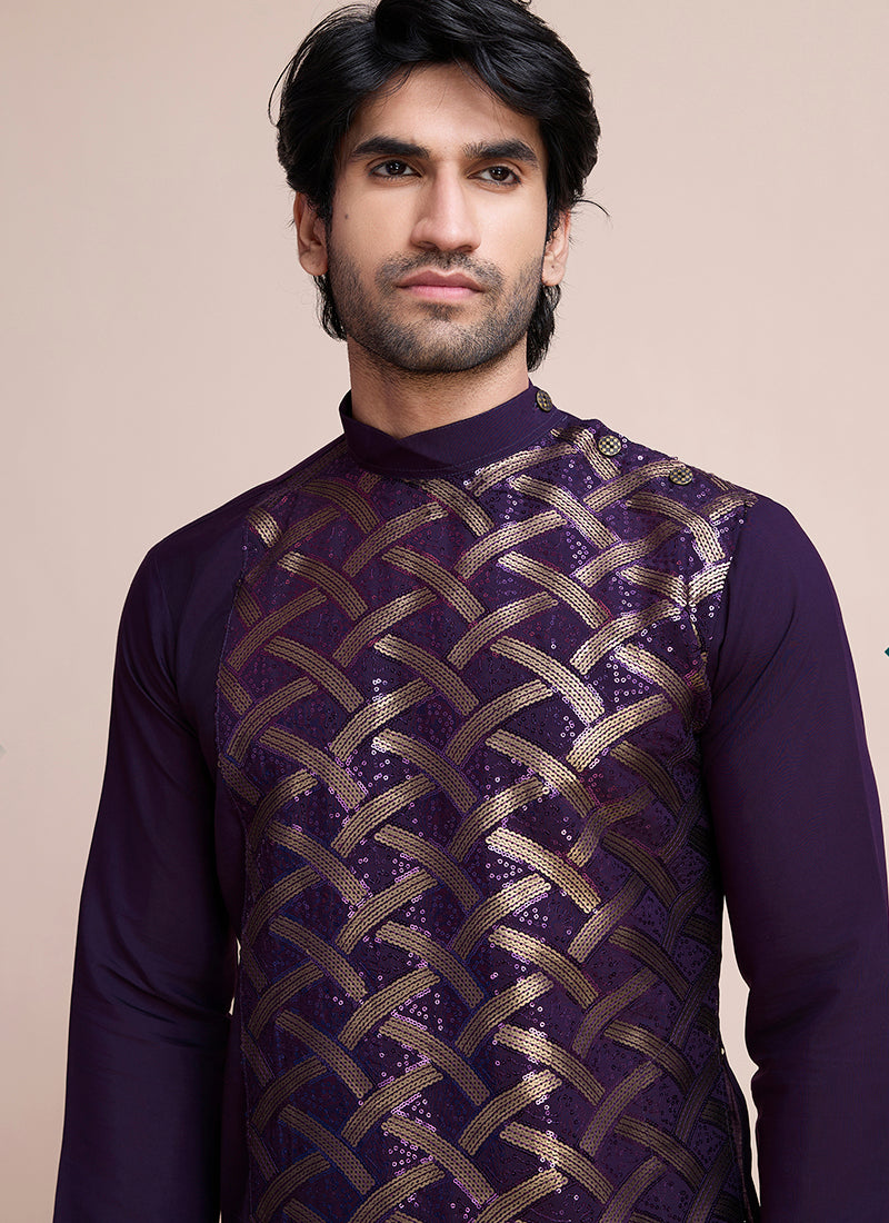 Silk Purple Eid Wear Embroidery Work Readymade Kurta Pajama