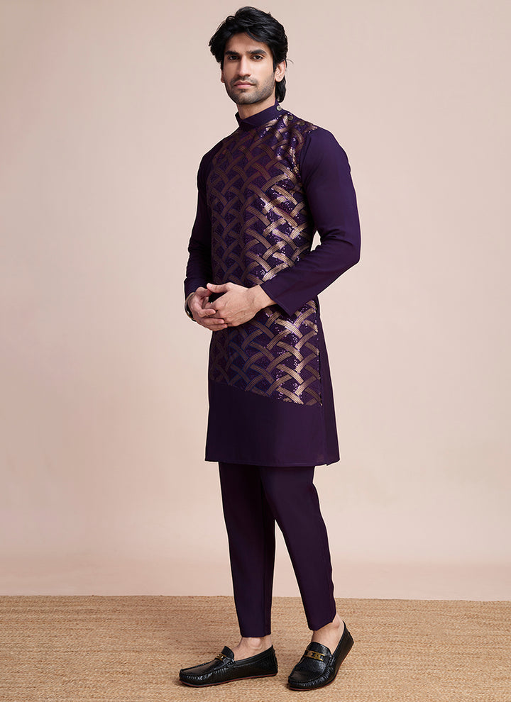 Silk Purple Eid Wear Embroidery Work Readymade Kurta Pajama