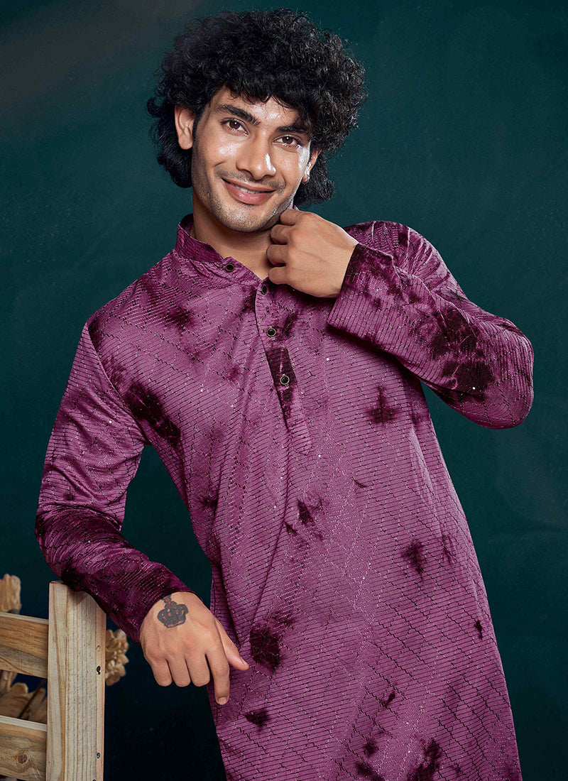 Viscose Purple Eid Wear Embroidery Work Readymade Kurta Pajama