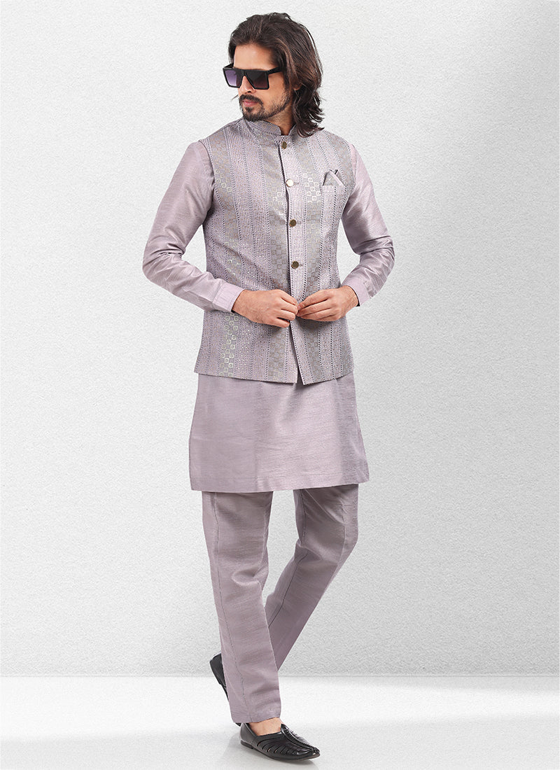 Purple light Art Silk Festival Wear Thread Work Kurta Pajama With Jacket