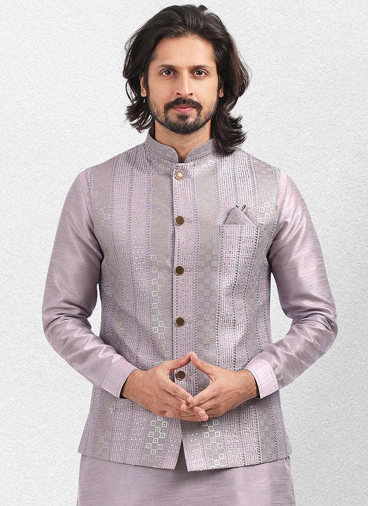 Purple light Art Silk Festival Wear Thread Work Kurta Pajama With Jacket