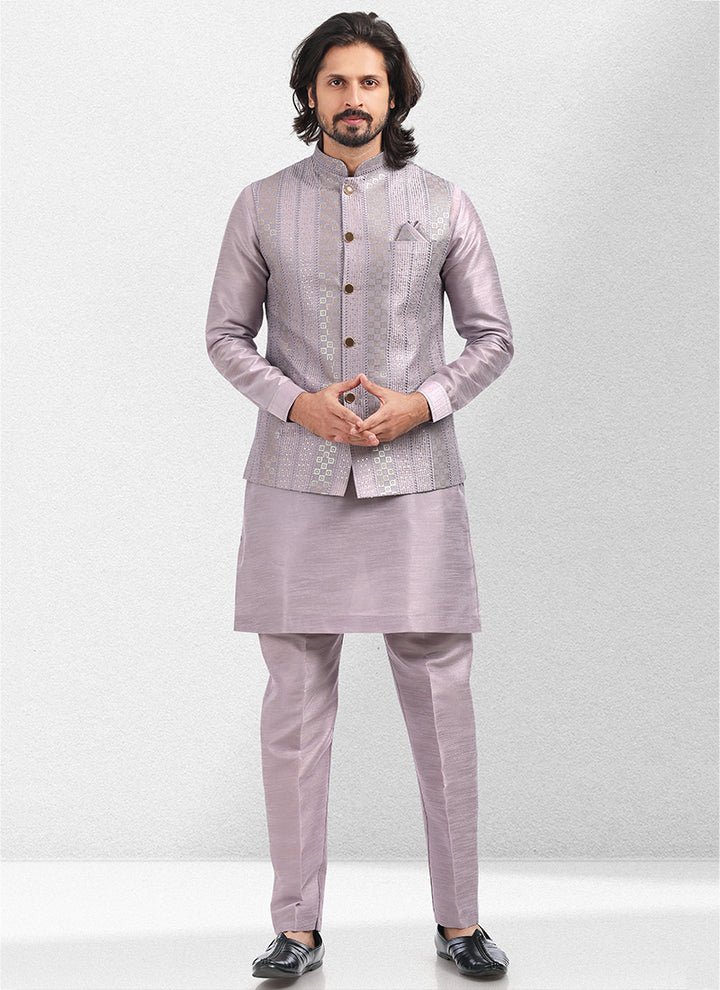 Purple light Art Silk Festival Wear Thread Work Kurta Pajama With Jacket