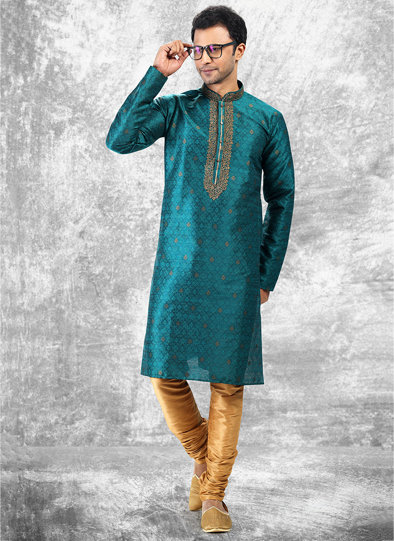 Rama Jacquard Brocade Silk Traditional Wear Thread Work Kurta Pajama