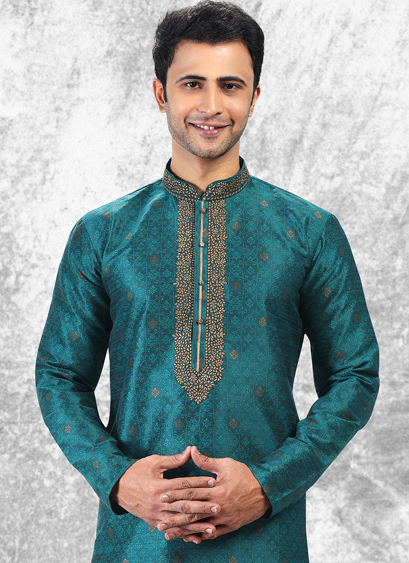 Rama Jacquard Brocade Silk Traditional Wear Thread Work Kurta Pajama