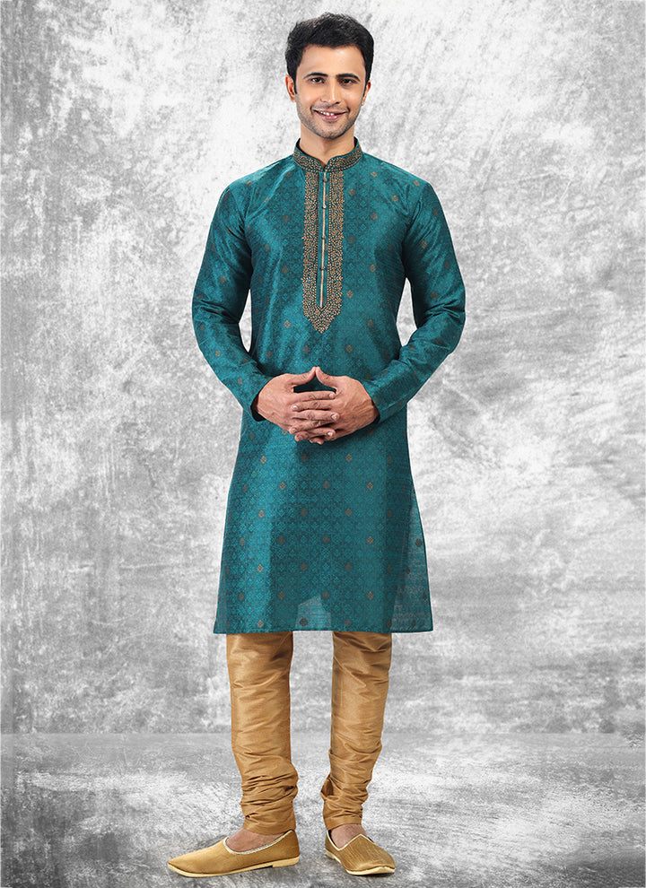 Rama Jacquard Brocade Silk Traditional Wear Thread Work Kurta Pajama