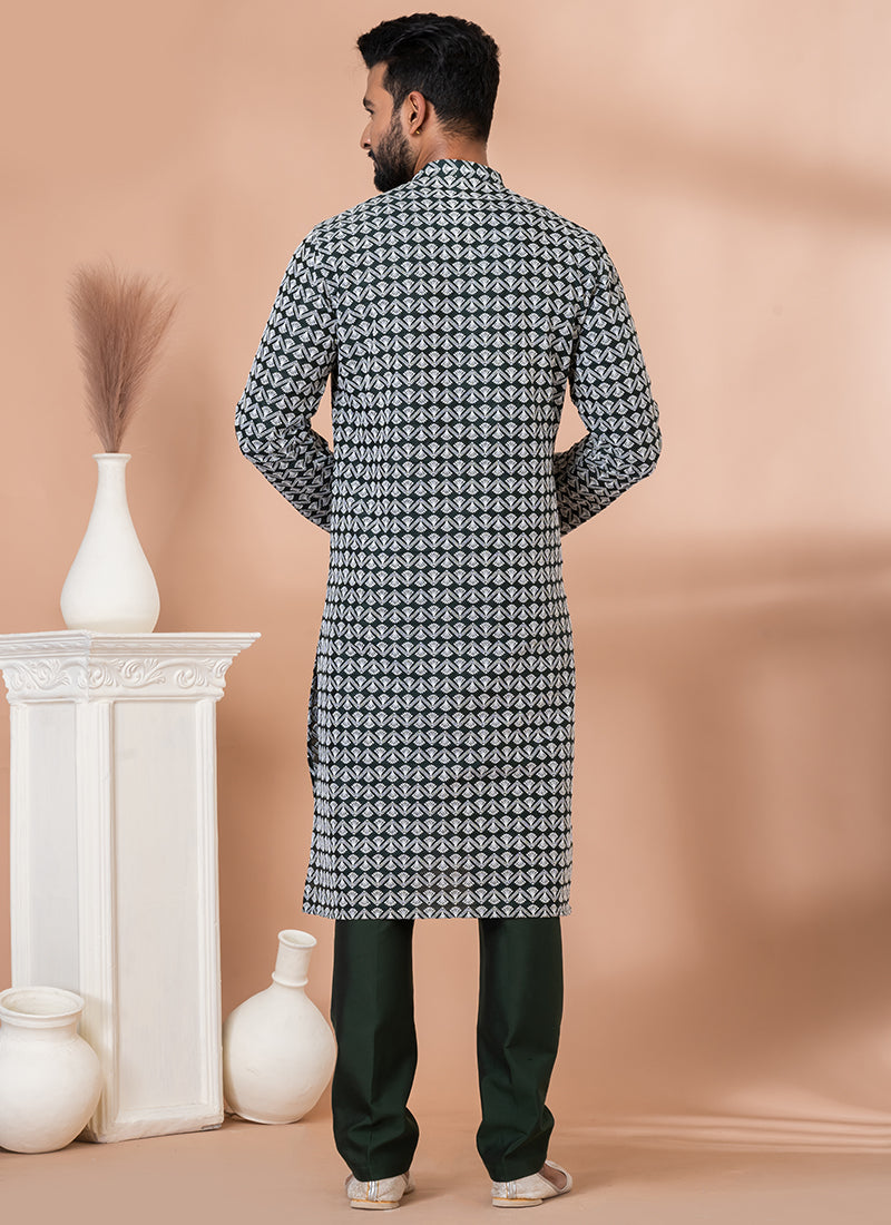 Cotton Rama Green Festival Wear Embroidery Work Kurta Pajama