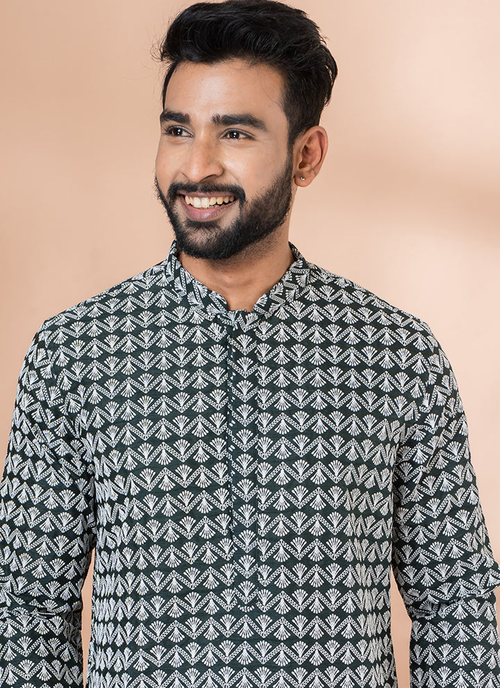 Cotton Rama Green Festival Wear Embroidery Work Kurta Pajama