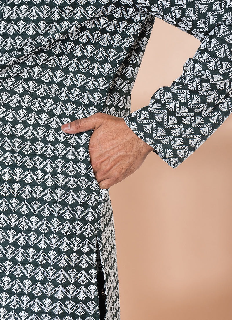 Cotton Rama Green Festival Wear Embroidery Work Kurta Pajama