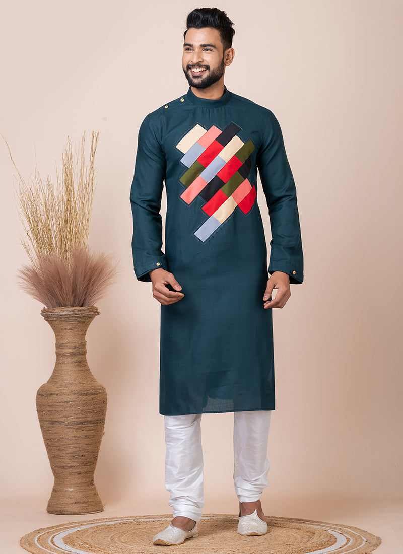 Cotton Rama Green Festival Wear Embroidery Work Readymade Kurta Pajama