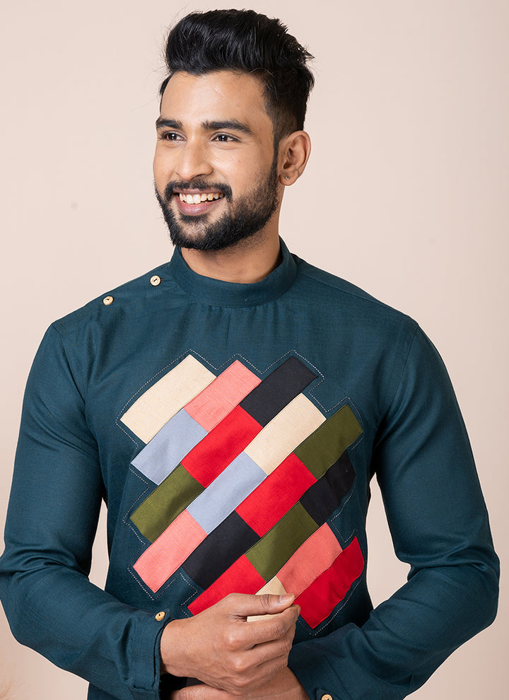 Cotton Rama Green Festival Wear Embroidery Work Readymade Kurta Pajama