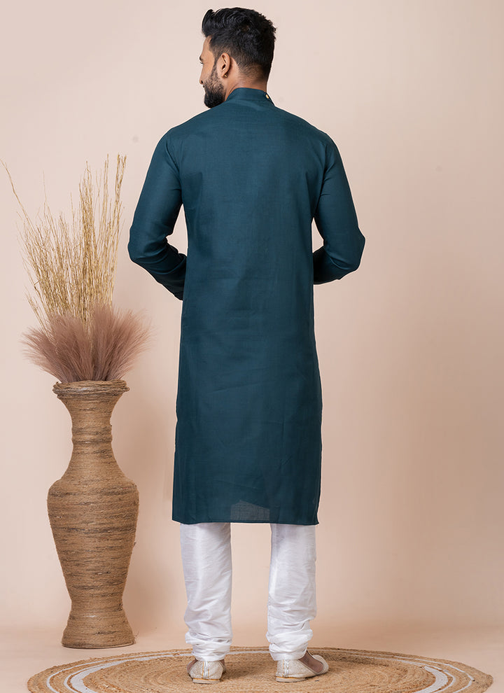 Cotton Rama Green Festival Wear Embroidery Work Readymade Kurta Pajama