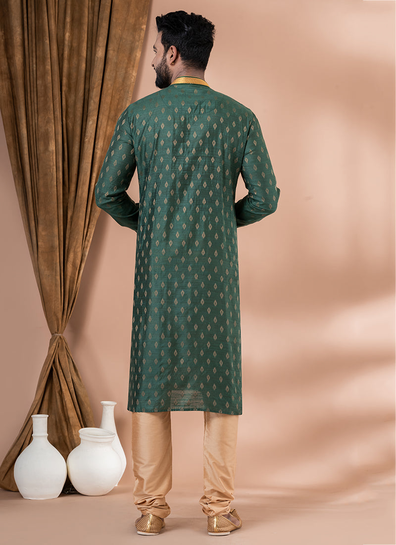 Cotton Jacquard Rama Green Festival Wear Weaving Kurta Pajama