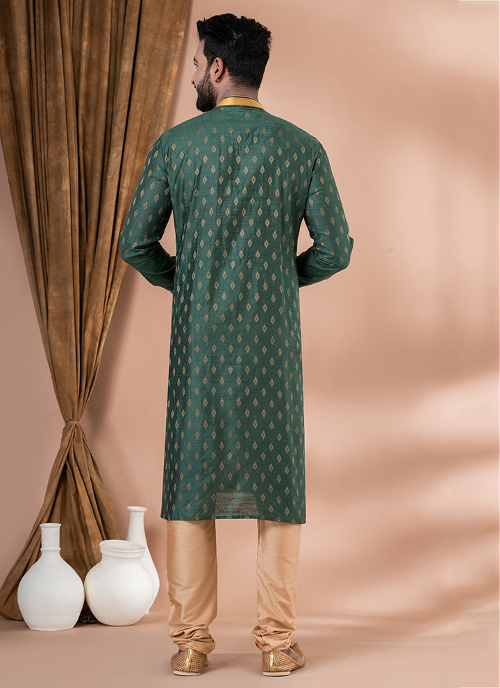Cotton Jacquard Rama Green Festival Wear Weaving Kurta Pajama