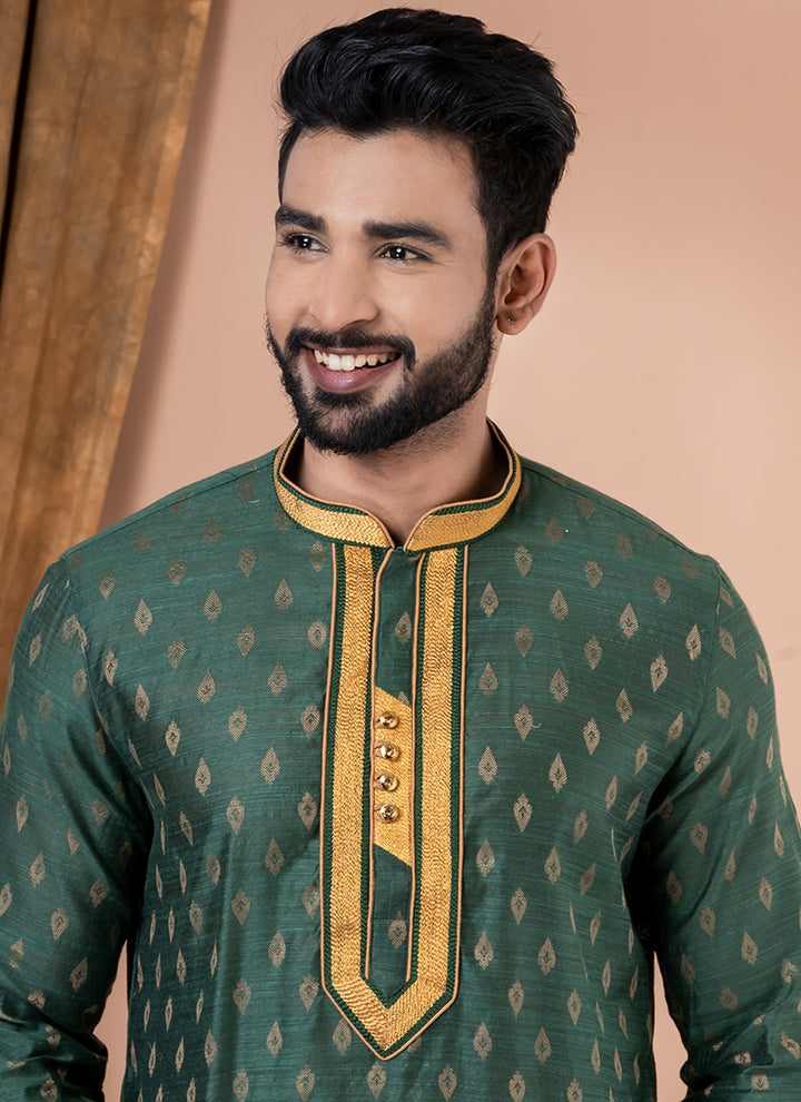 Cotton Jacquard Rama Green Festival Wear Weaving Kurta Pajama