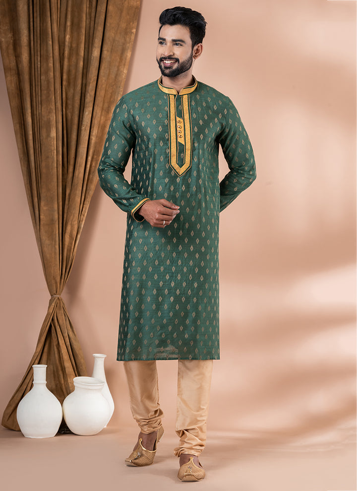 Cotton Jacquard Rama Green Festival Wear Weaving Kurta Pajama