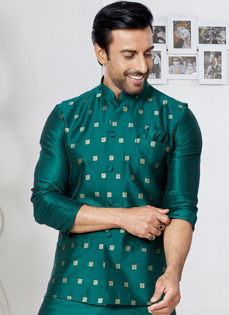 Banarasi Dhupion Rama Green Wedding Wear Banarasi Work Mens Waist Coat