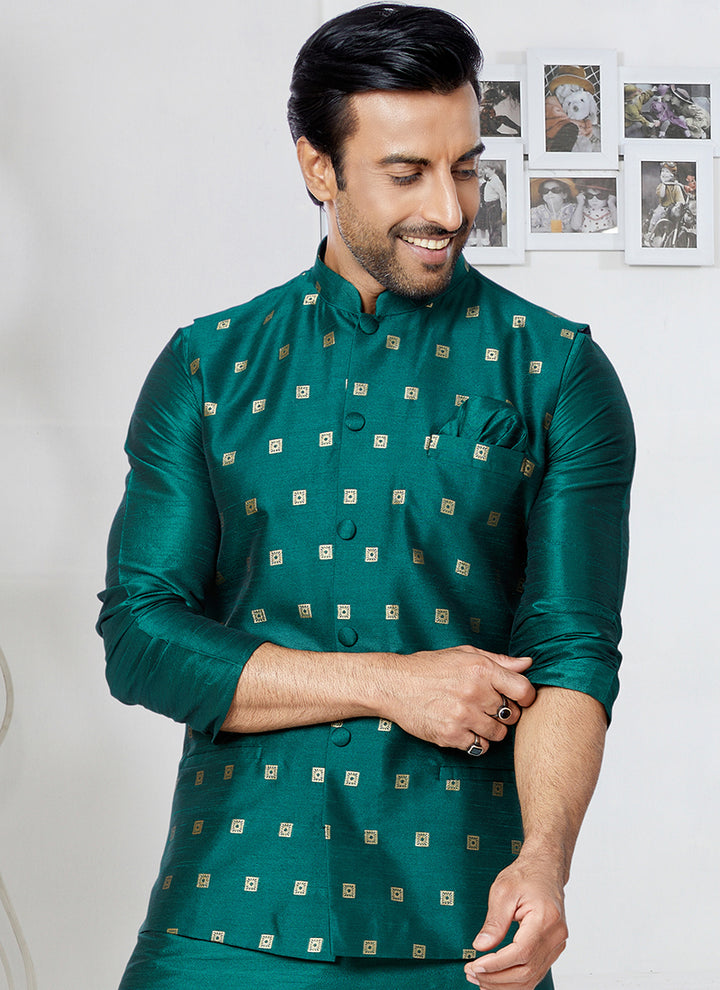 Banarasi Dhupion Rama Green Wedding Wear Banarasi Work Mens Waist Coat