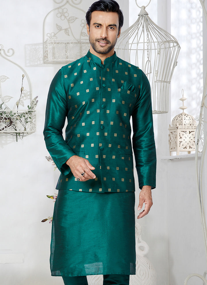 Banarasi Dhupion Rama Green Wedding Wear Banarasi Work Mens Waist Coat