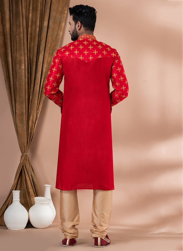 Banarasi Dhupion Silk Red Festival Wear Weaving Kurta Pajama