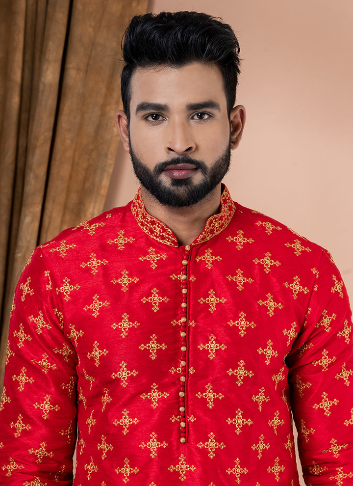 Banarasi Dhupion Silk Red Festival Wear Weaving Kurta Pajama