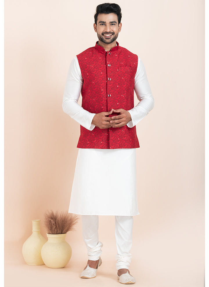 Banarasi Silk Red Festival Wear Jacquard Work Readymade Modi Jacket Kurta Pajama