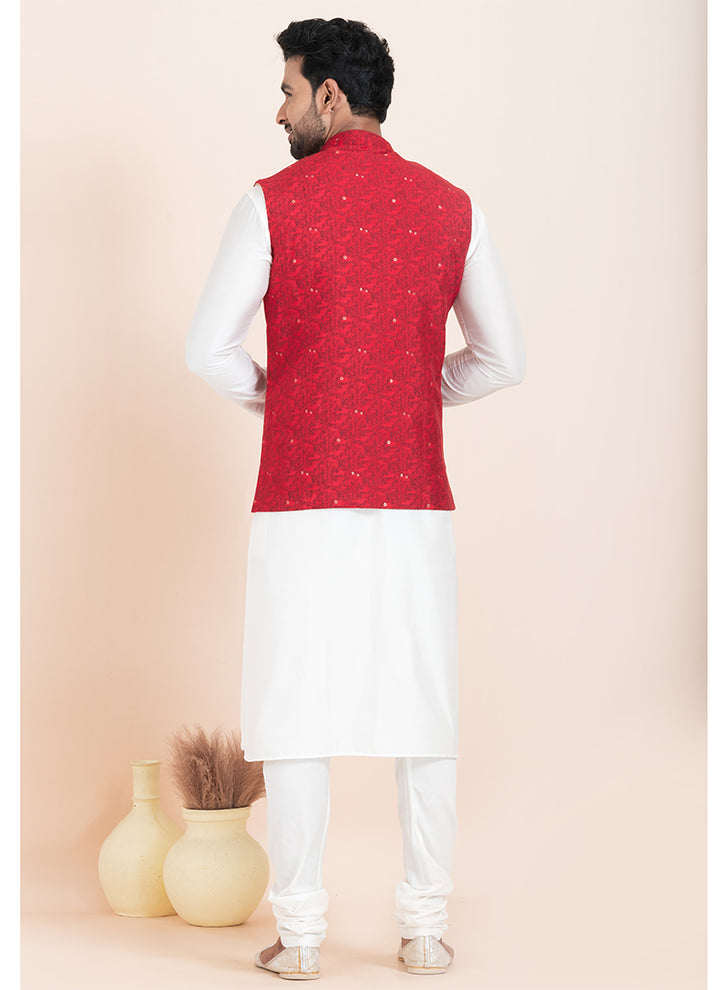 Banarasi Silk Red Festival Wear Jacquard Work Readymade Modi Jacket Kurta Pajama