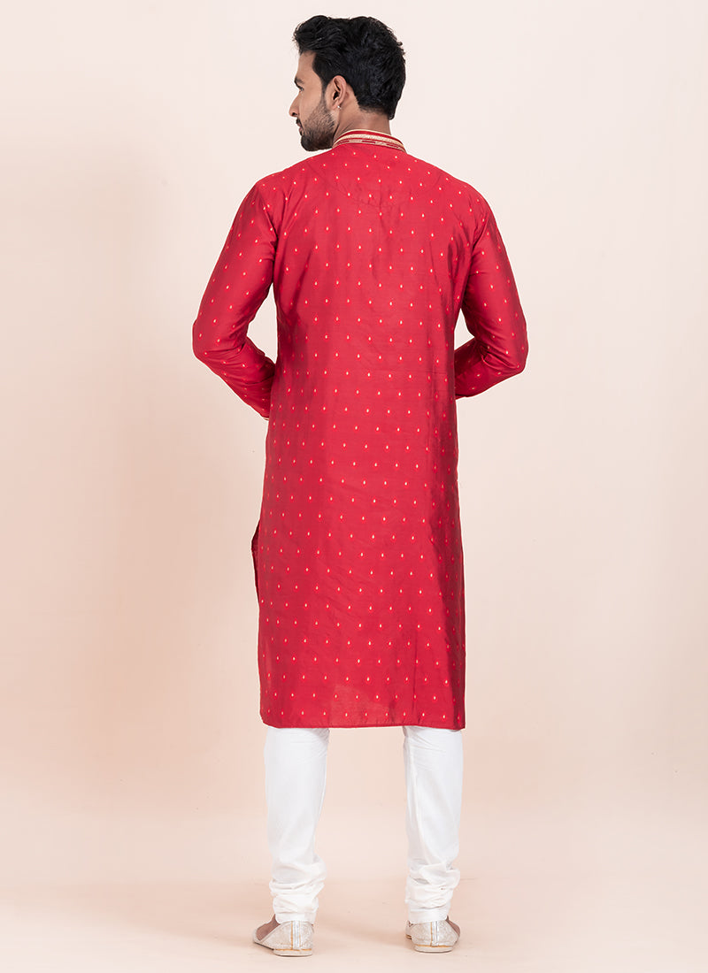 Cotton Red Festival Wear Jacquard Work Readymade Kurta Pajama